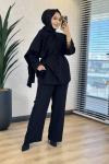 9202 Şal Detaylı Bluz Pantolon Takım Siyah