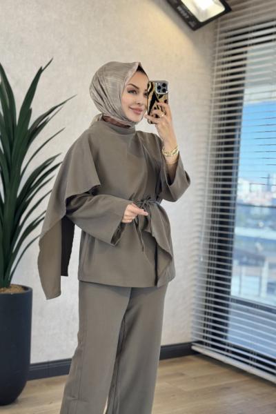 9202 Şal Detaylı Bluz Pantolon Takım Haki