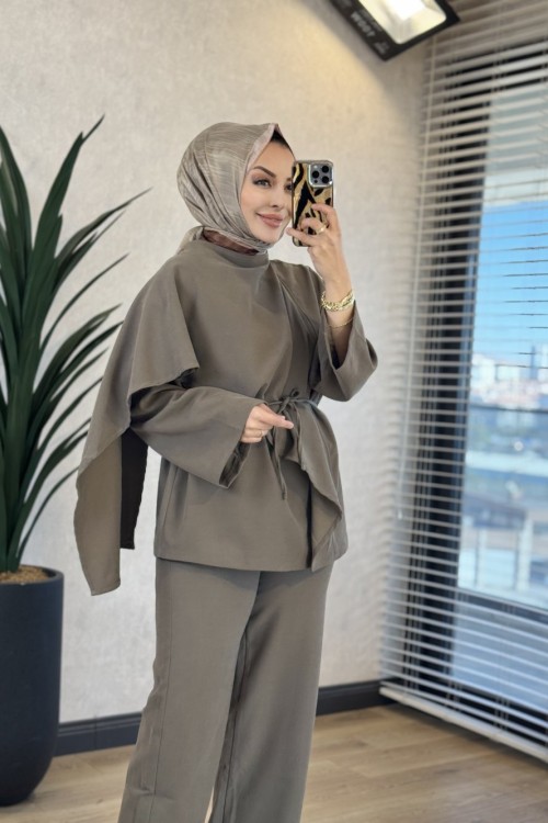 9202 Şal Detaylı Bluz Pantolon Takım Haki
