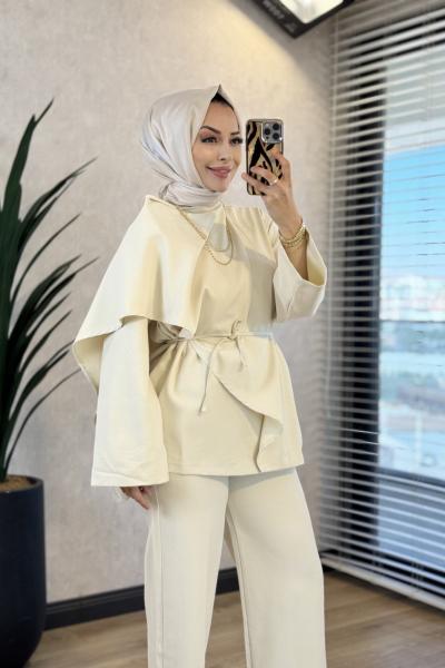 9202 Şal Detaylı Bluz Pantolon Takım Bej