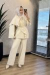9202 Şal Detaylı Bluz Pantolon Takım Bej