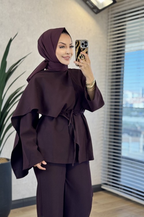 9202 Şal Detaylı Bluz Pantolon Takım Mürdüm