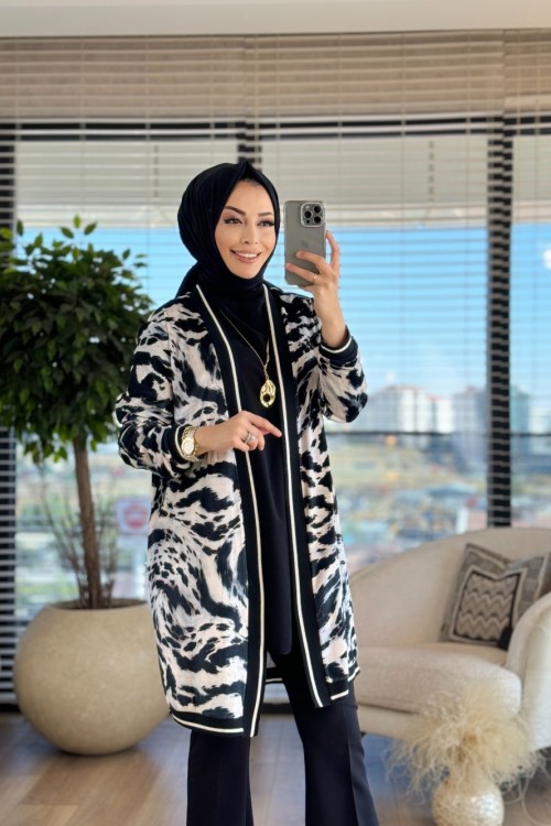 9217 Leopar Desen Kimono Siyah