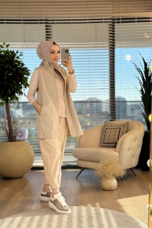 9230 Deri Ön Fermuarlı Yelek Bej