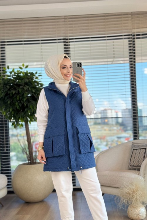 9237 Kapitone Önü Cepli Yelek İndigo