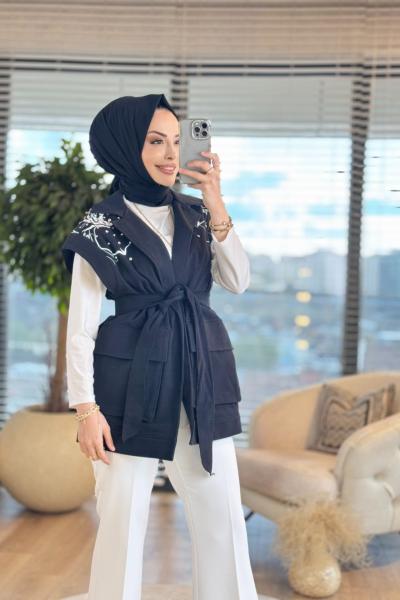 9246 Omuzları Dal Desenli Yelek Siyah