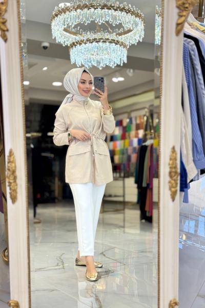 9258 Ön Cep Kapaklı Fermuarlı Kap Bej