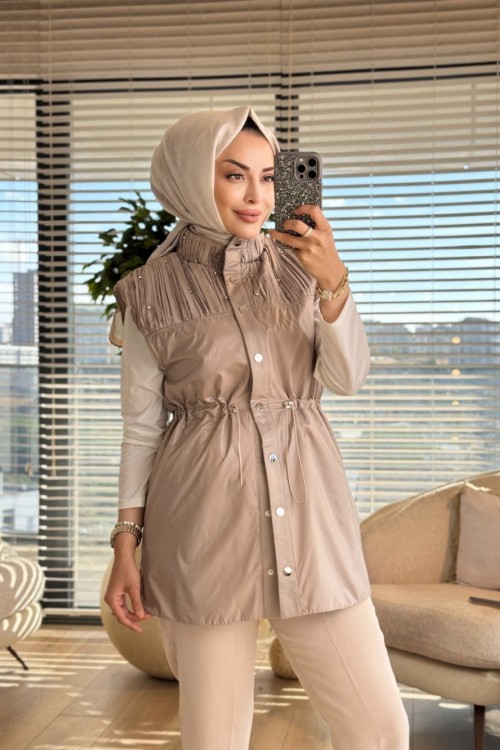 9262 Omuzu Pile Ve Taş Detaylı Yelek Vizon