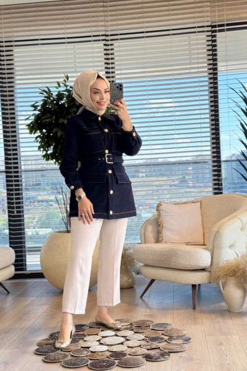 9263 Kot Önü Dört Cepli Kemerli Kap Lacivert