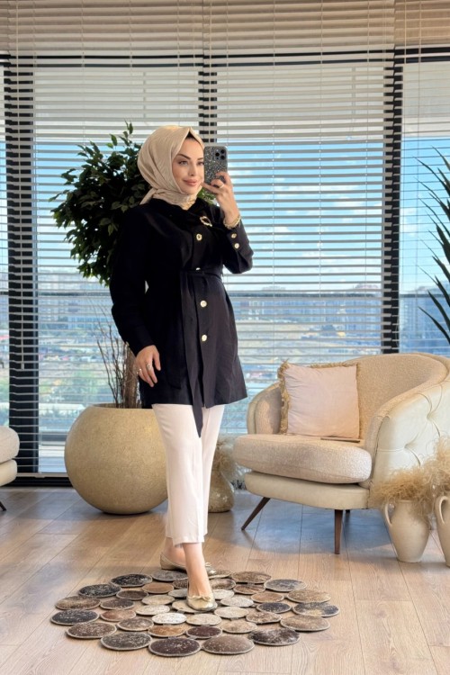 9265 Yaka Broşlu Kuşaklı Kap Siyah