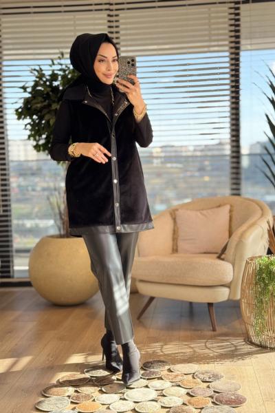9280 Ön Çıçıtlı Kürk Yelek Siyah