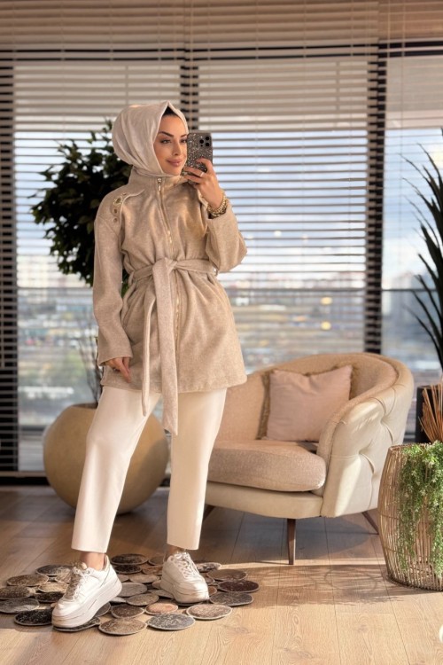9283 Omuzları Kuşgözlü Kaban Bej