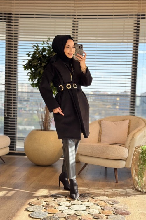 9284 Kemeri Büyük Kuşgözlü Kaşe Kaban Siyah