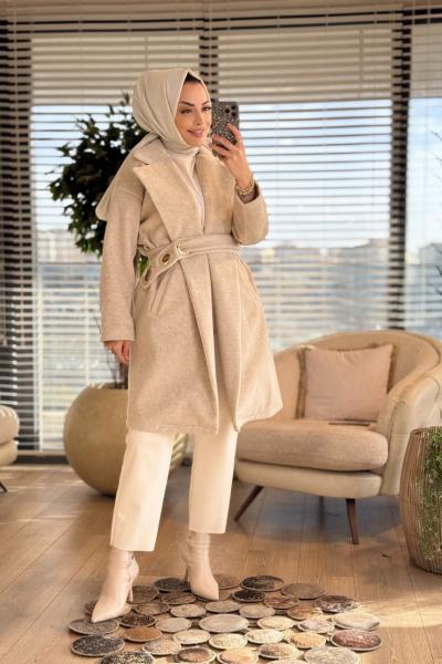 9284 Kemeri Büyük Kuşgözlü Kaşe Kaban Bej