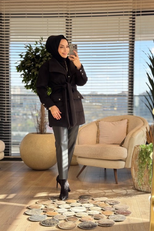 9285 Yakası Pileli Kaşe Kaban Siyah