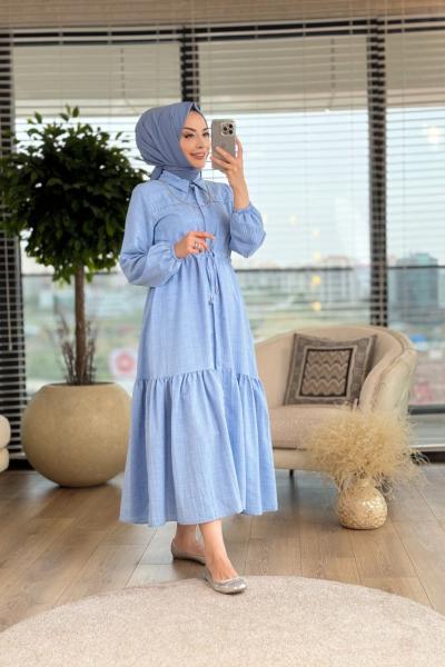 9494 Gofre Beli Bağcıklı Elbise Mavi