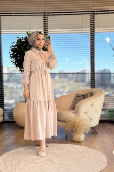 9494 Gofre Beli Bağcıklı Elbise Bej