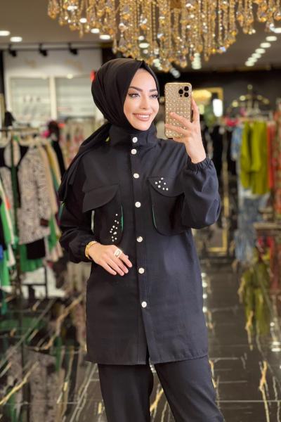 9516 Cep Üstü Ve Paça İnci Detaylı Takım Siyah