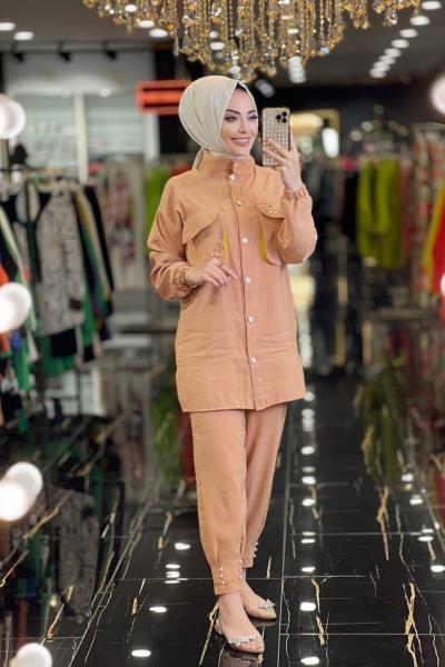 9516 Cep Üstü Ve Paça İnci Detaylı Takım Latte