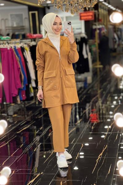 9521  Kendinden Fitilli Cep Üstü Taşlı Kapş.Takım Camel