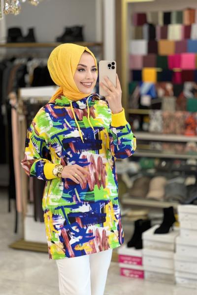 9536 Üst Desenli Alt Düz Kapşonlu Takım Sarı