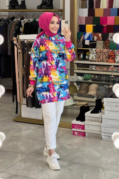 9536 Üst Desenli Alt Düz Kapşonlu Takım Fuşya