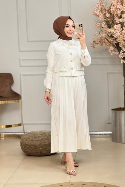 9549 Yaka Manşet Cep Kapağı Tül Detaylı Takım Ekru