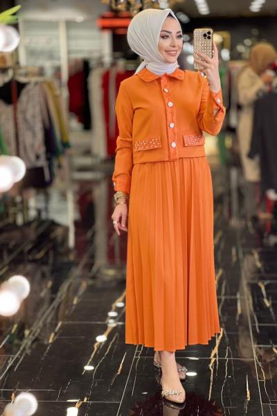 9549 Yaka Manşet Cep Kapağı Tül Detaylı Takım Oranj