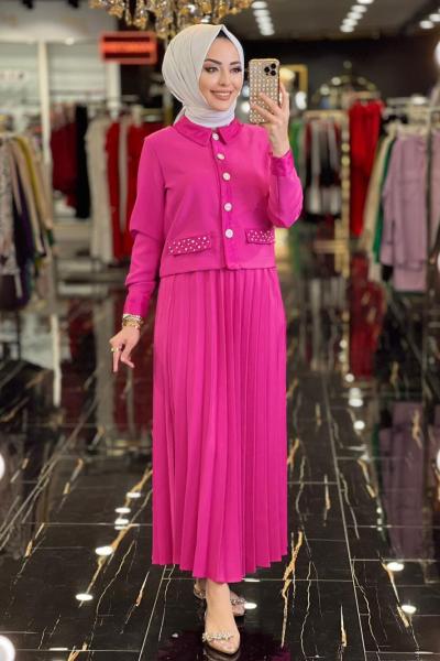 9549 Yaka Manşet Cep Kapağı Tül Detaylı Takım Fuşya
