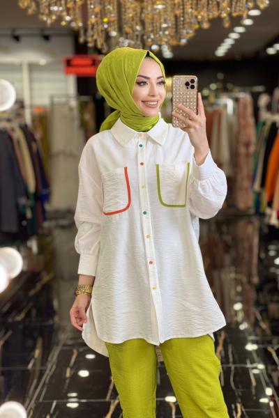 9555 Önü İki Cepli Takım Ekru Yeşil