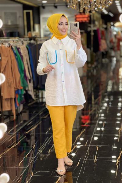 9555 Önü İki Cepli Takım Ekru Sarı