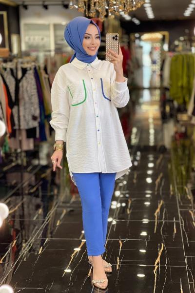 9555 Önü İki Cepli Takım Ekru Saks