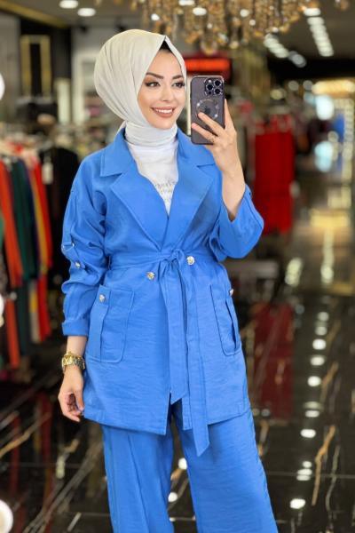 9556 Omuz Apoletli Metal Düğmeli Takım Saks