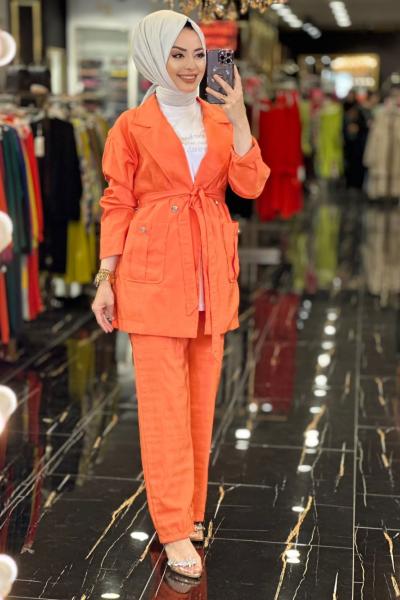 9556 Omuz Apoletli Metal Düğmeli Takım Oranj