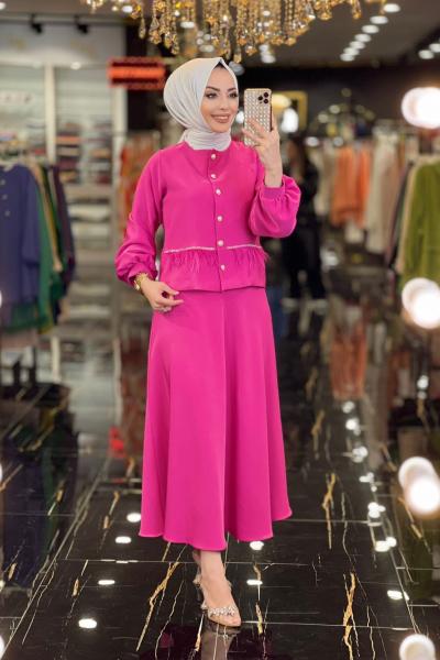 9557 Önü Taş ve Tüy Detaylı Düğmeli Takım Fuşya