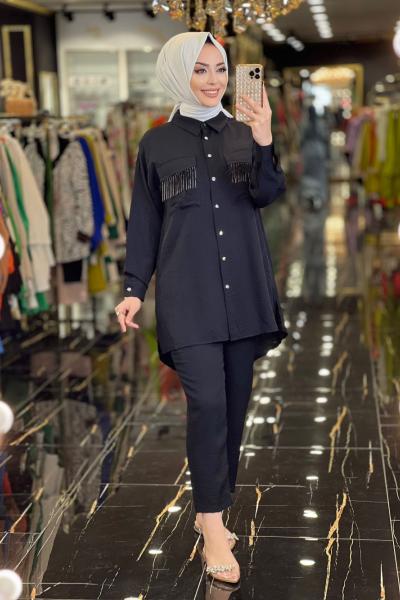 9559 Cep Kapağı Tüy Ve Zincir Sallantılı Takım Siyah