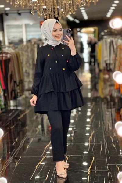 9574 Önü Renkli Boncuk İşli Takım Siyah