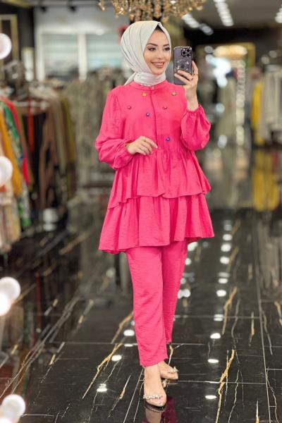 9574 Önü Renkli Boncuk İşli Takım Pembe