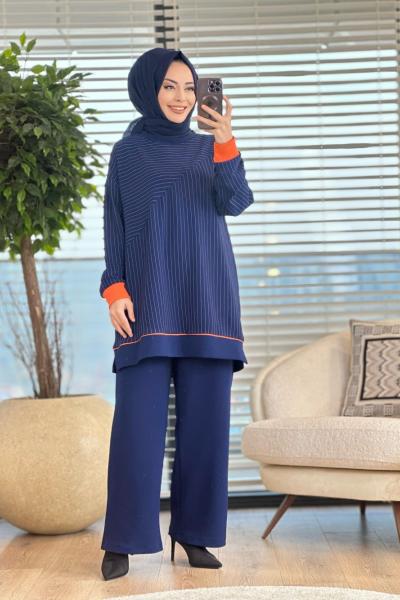 9596 Üst Çizgili Kolu Ribanalı Takım Lacivert