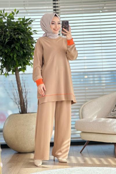 9596 Üst Çizgili Kolu Ribanalı Takım Latte