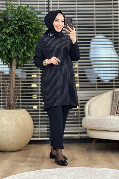 9598 Üst Çizgili Yaka Taş Detaylı Takım Siyah