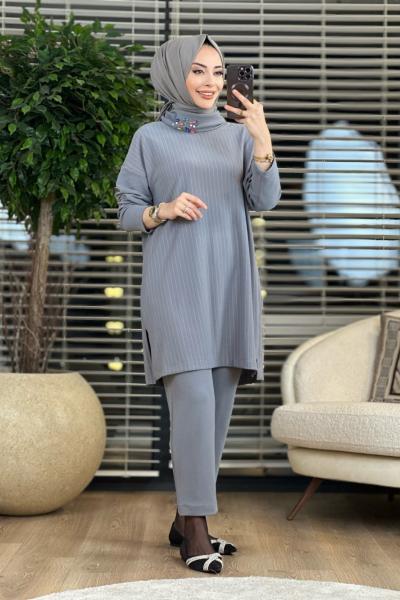 9598 Üst Çizgili Yaka Taş Detaylı Takım Gri