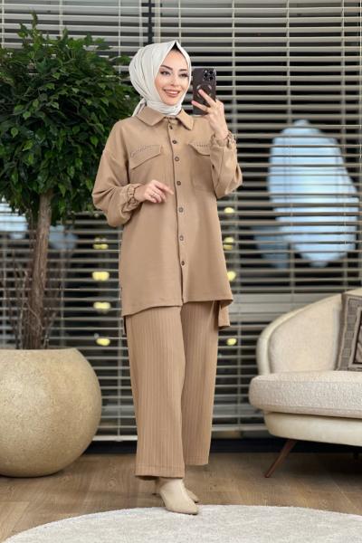 9600 Cep Kapağı Zımba Detay Pant.Çizgili Takım Latte