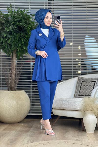 9624 Üst Yandan Bağlamalı Ceket Takım İndigo
