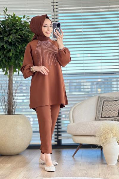 9626 Ön Serpme Taş Baskılı Takım Kahve