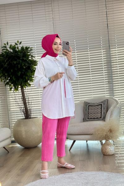 9642 Gofre Arka Düğme Detay Takım Ekru Fuşya