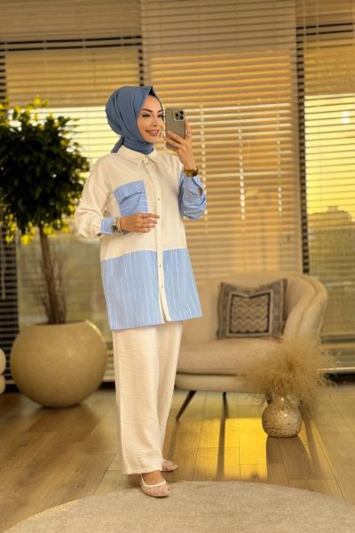 9656 Sağ Kol Ve Etek Ucu Çizgili Takım Ekru Mavi