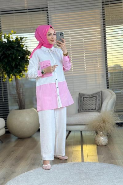 9656 Sağ Kol Ve Etek Ucu Çizgili Takım Ekru Pembe