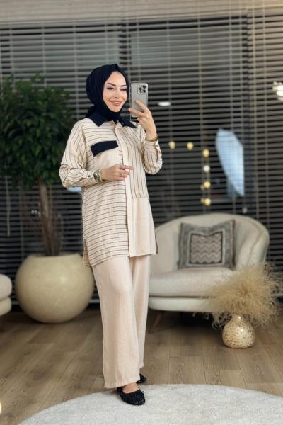 9657 Çizgi Parçalı Takım Bej