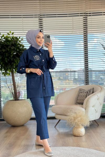 9665 Tencel Bel Bağcıklı Broş işlemeli Takım Lacivert